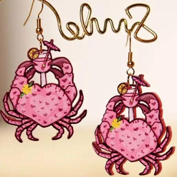 14k CRAB W/ COCKTAIL cute fun whimsical kawaii novelty earrings - Picture 1 of 6